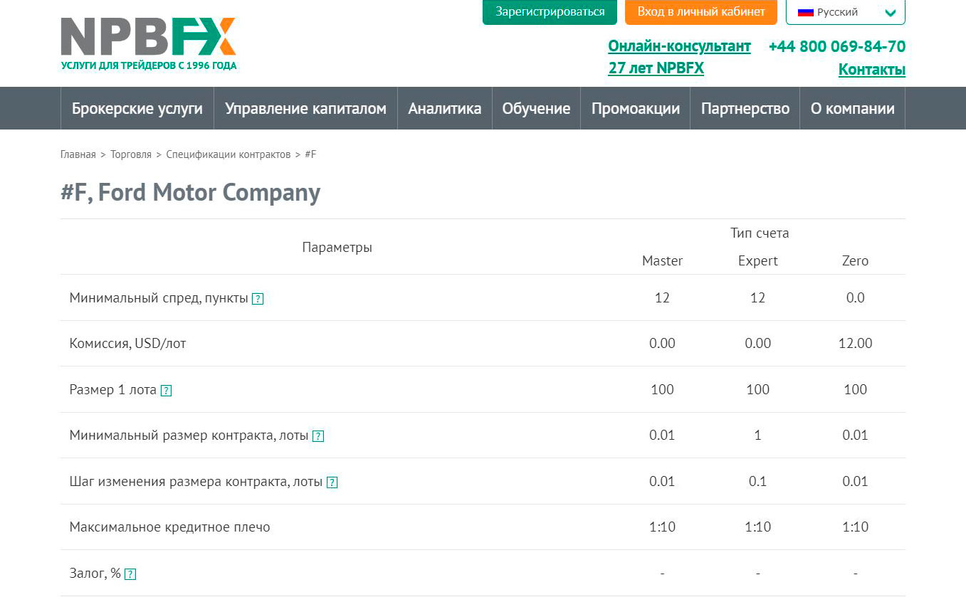 Для примера приведем вам условия брокера NPBFX по торговле акциями Ford Motor Company, которые мы уже упоминали выше